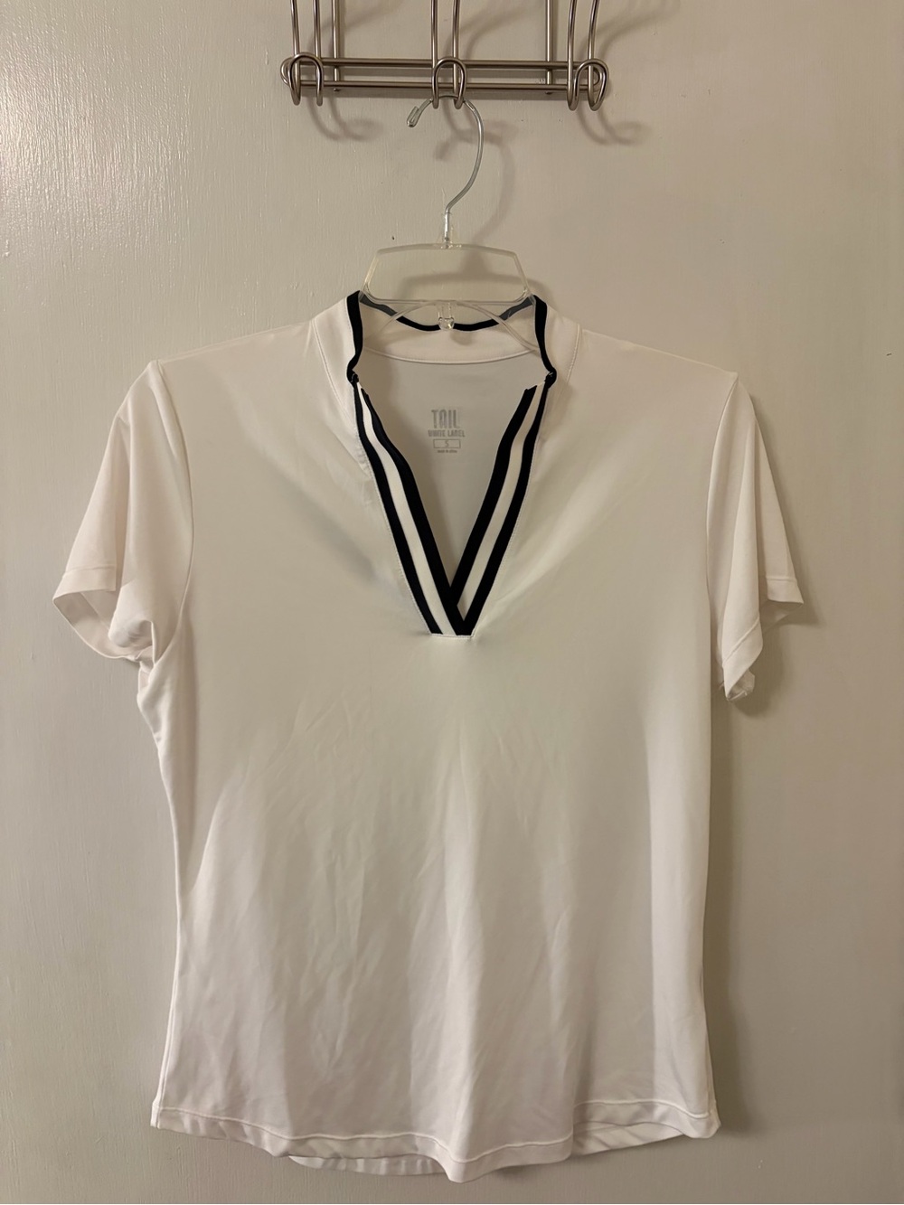 TAIL White Tee with Black Trim and Striped V-Neck